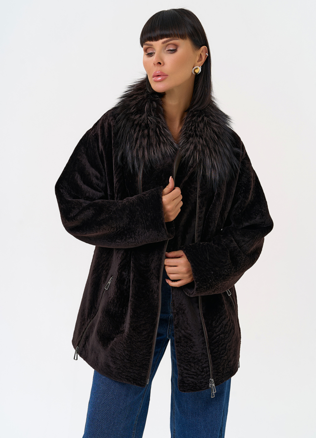 Дубленка натуральная с воротником из меха лисы модель № 31624 универмаг малина