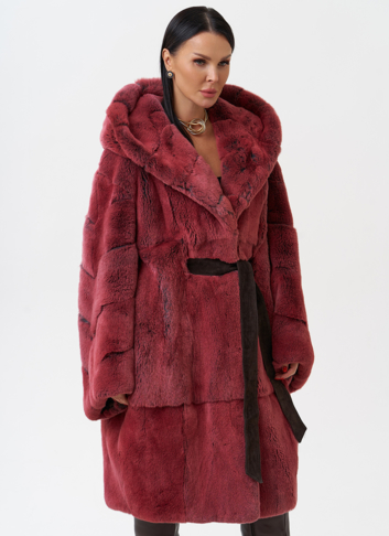 Шуба из меха кролика с капюшоном