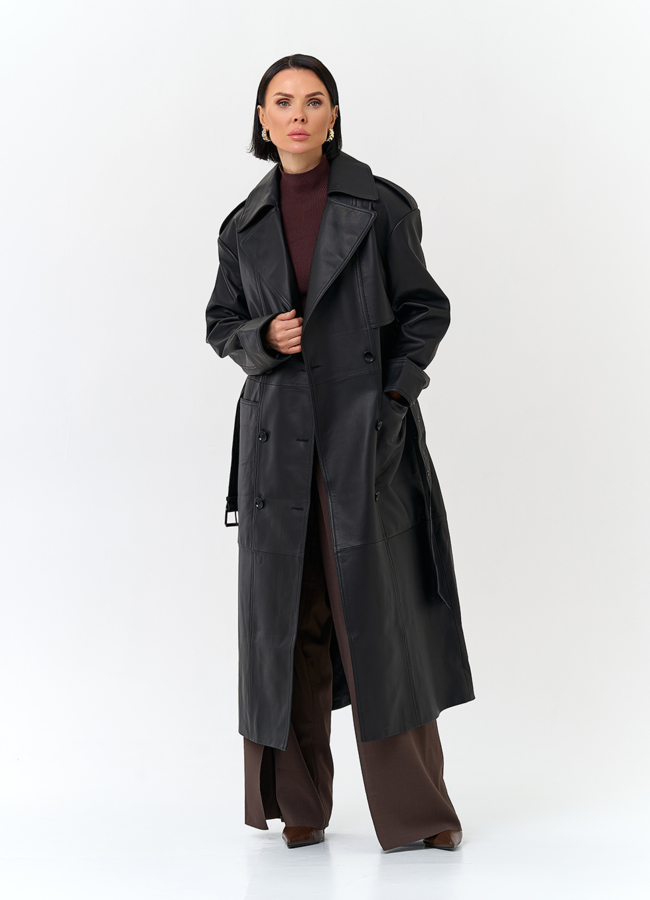 Женский плащ из натуральной кожи с поясом модель № 32901 универмаг малина