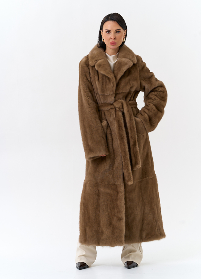 Длинная шуба из меха норки с английским воротником модель № 32067 меха малина