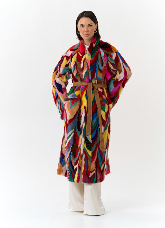 фото Норковая шуба в стиле пэчворк модель № 31299