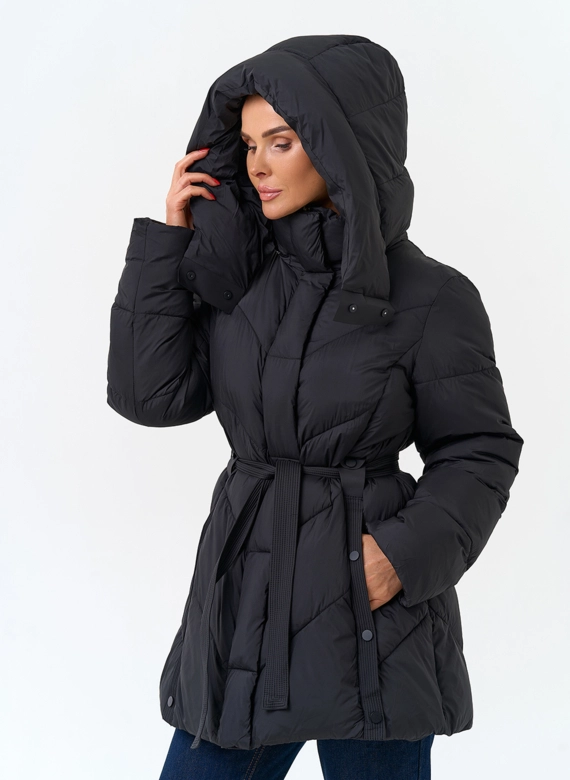 Женский пуховик с поясом фото