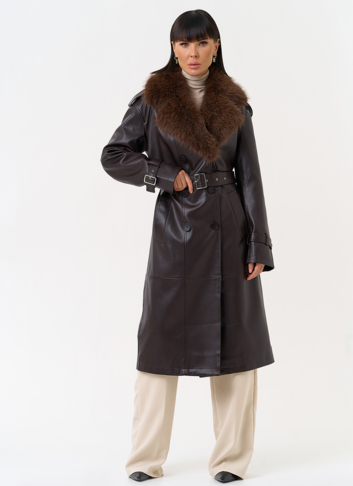 Женское утепленное пальто из экокожи с воротником из эко меха Женское утепленное пальто из экокожи с воротником из эко меха