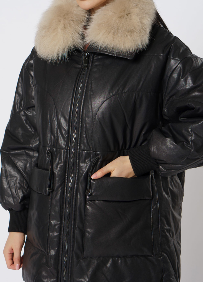 Утепленная кожаная куртка с песцом модель № 21796 универмаг малина