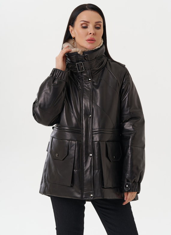 Пуховик из натуральной кожи с отделкой из меха кролика