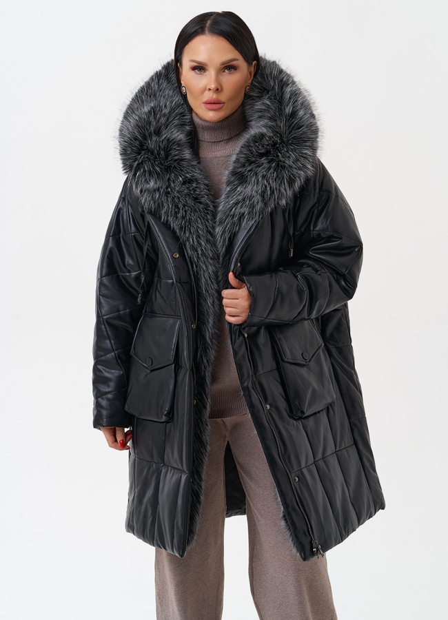 Пуховик из эко кожи с капюшоном из эко меха  модель № 27708 меха малина