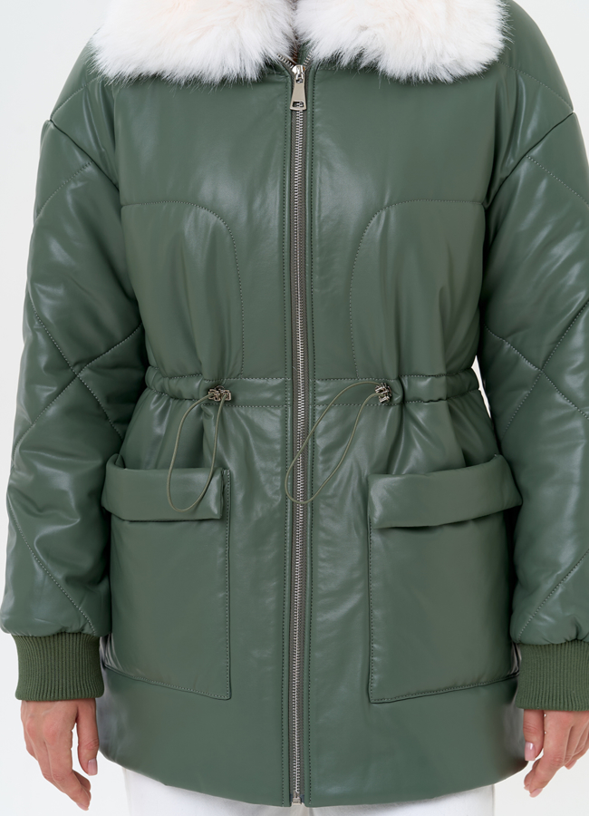 Женский пуховик из эко кожи с воротником из эко меха модель № 30723 универмаг малина