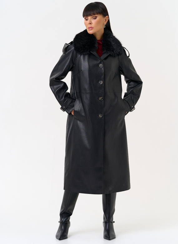 Женское утепленное пальто из экокожи с воротником из эко меха