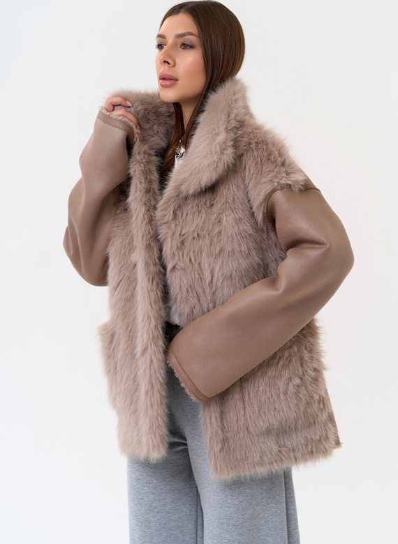 Женская дубленка из эко замши с отделкой из эко меха