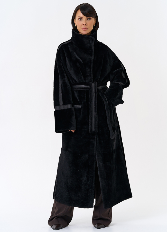 Женская двухсторонняя дубленка с воротником стойкой модель № 31914 меха малина