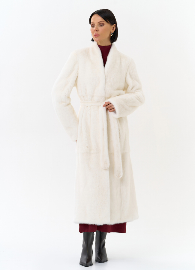 Белая шуба из меха норки с поясом модель № 31320 универмаг малина