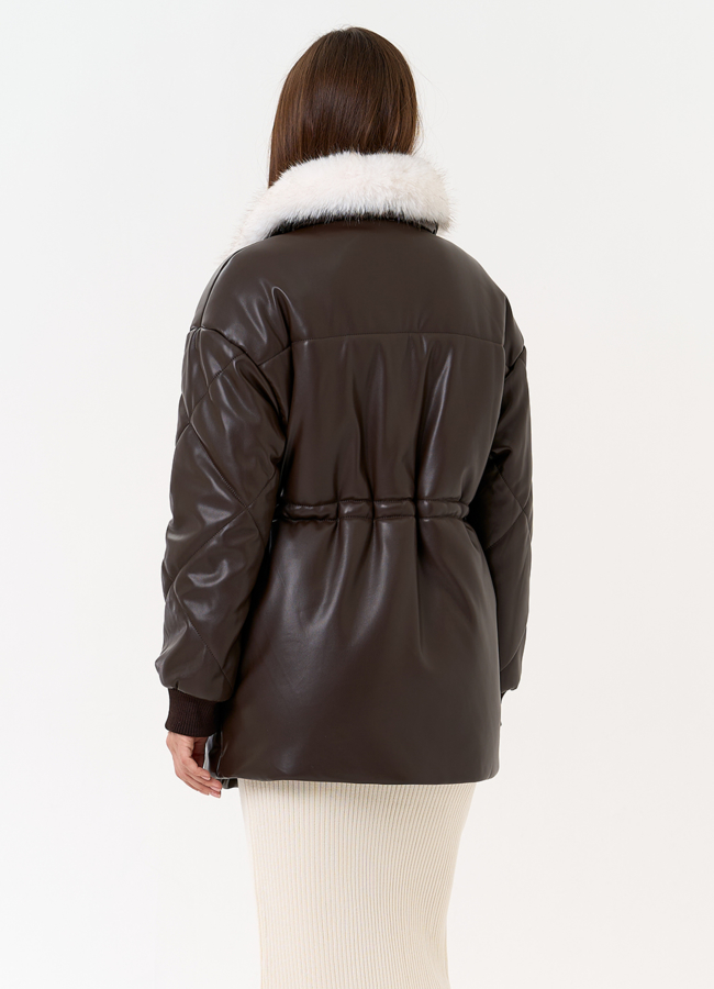 фото Женский пуховик из эко кожи с воротником из эко меха модель № 30722