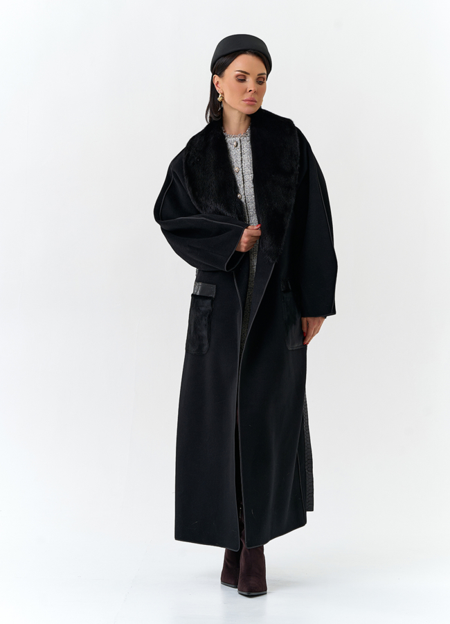 Женское длинное пальто с воротником из меха норки модель № 32648 универмаг малина