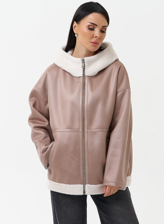 Женская дубленка из эко замши с капюшоном