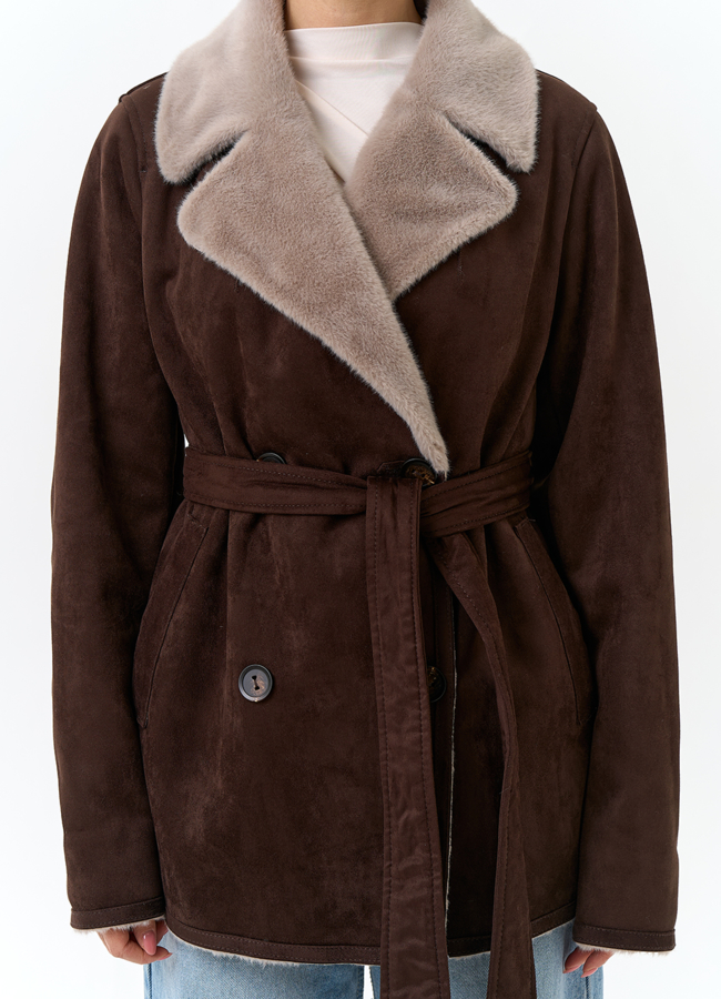 Женская двухсторонняя дубленка из эко замши модель № 32790 универмаг малина