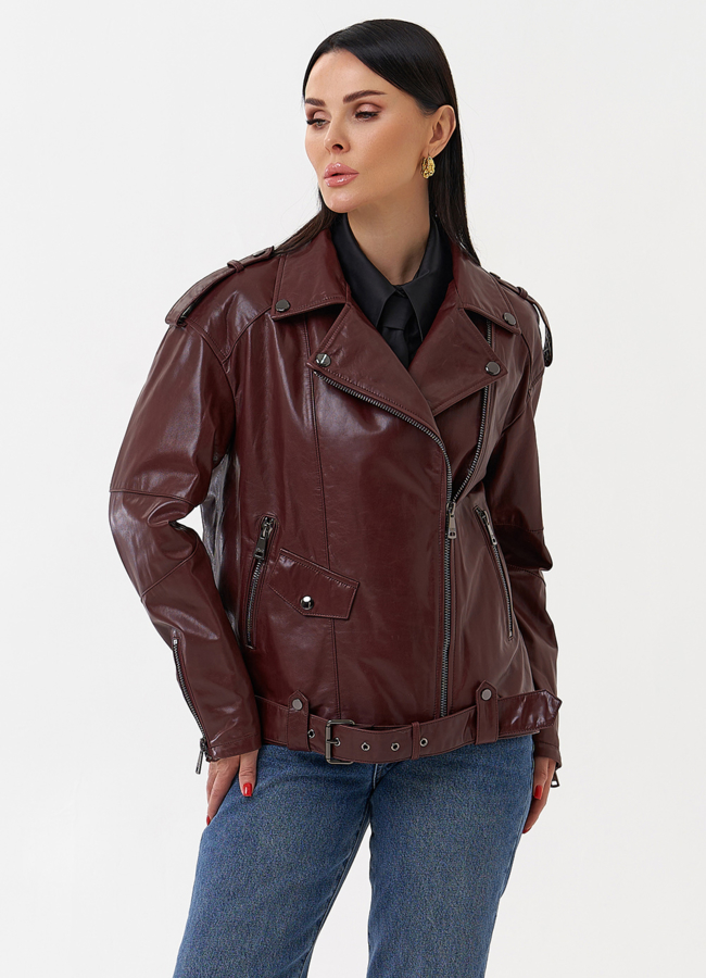 Женская косуха бордового цвета модель № 77877 меха малина