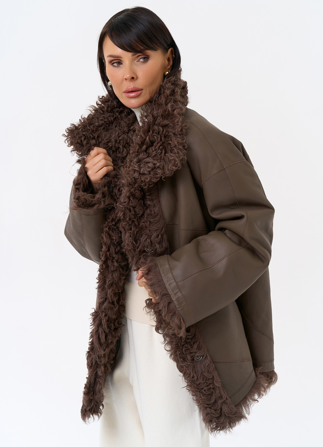 Женская двухсторонняя дубленка с воротником стойкой  модель № 31913 универмаг малина