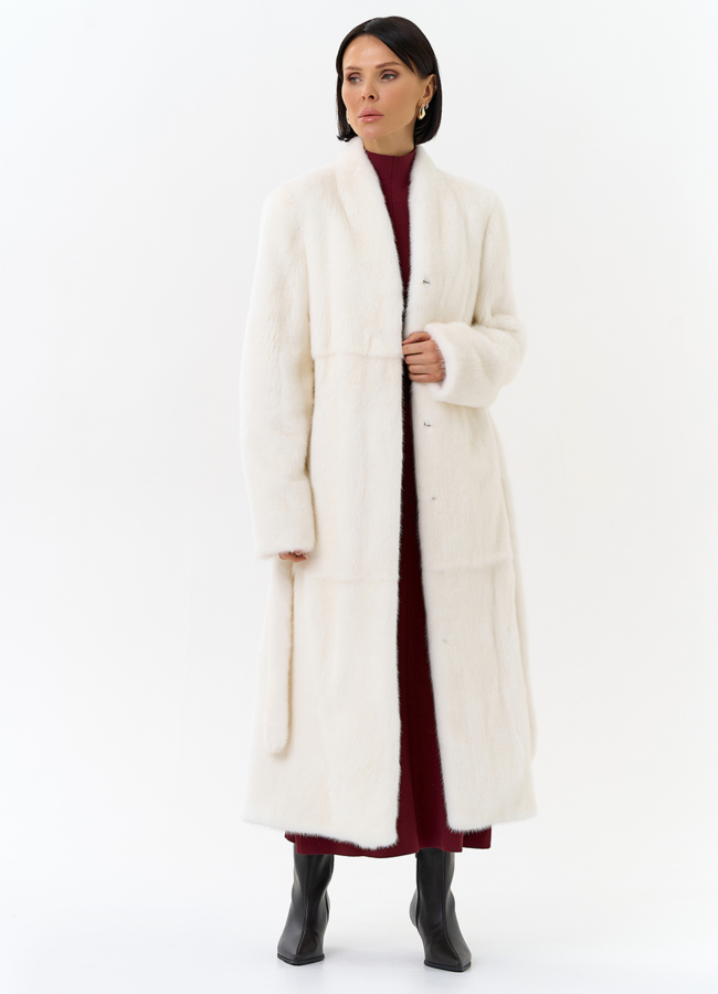 Белая шуба из меха норки с поясом модель № 31320 универмаг малина