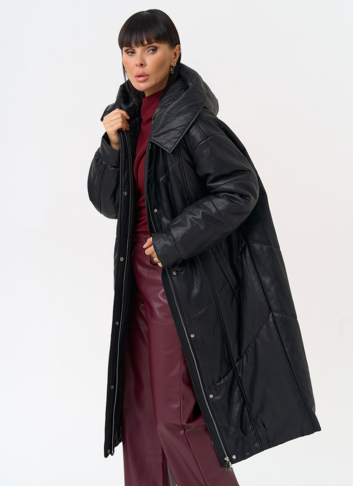 Женский пуховик из эко кожи со съемным эко мехом