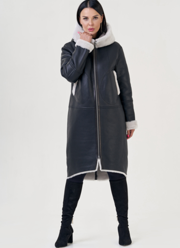 Двухсторонняя женская дубленка с капюшоном