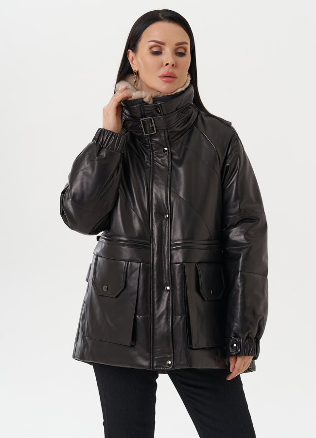 Пуховик из натуральной кожи с отделкой из меха кролика модель № 25381 универмаг малина