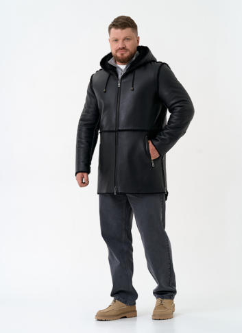 Мужская натуральная дубленка с капюшоном