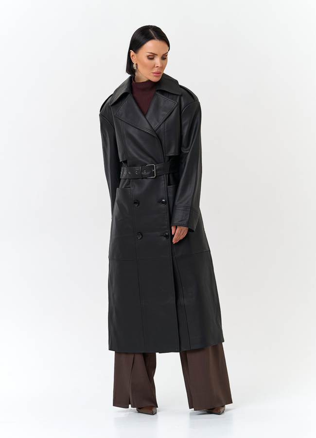 Женский плащ из натуральной кожи с поясом модель № 32901 универмаг малина