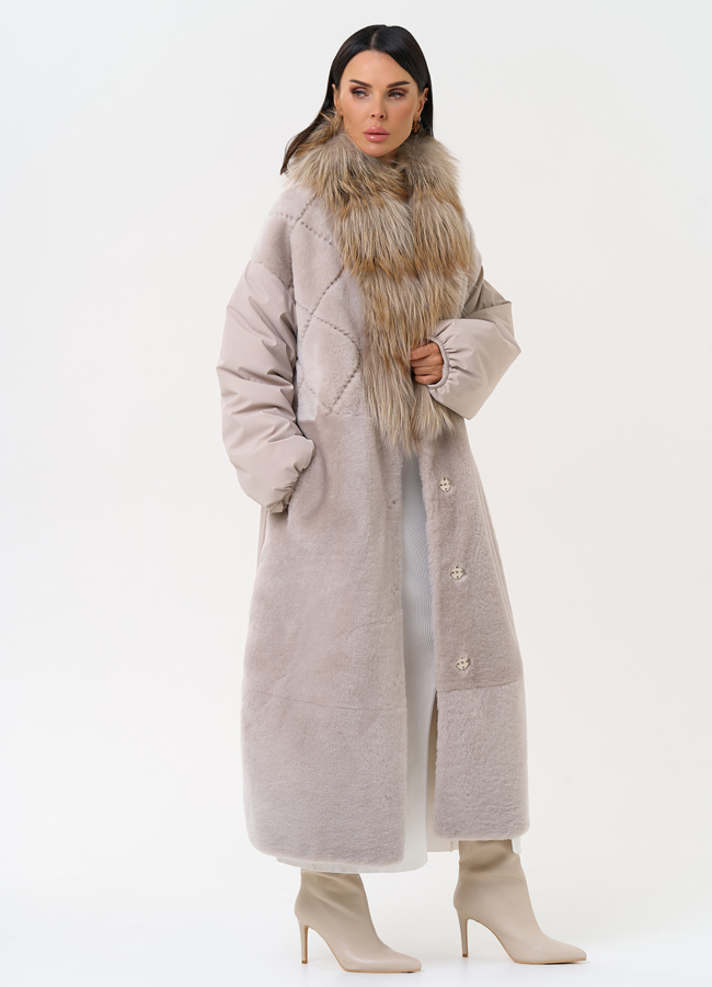 Комбинированное женское зимнее пальто с воротником из меха лисы модель № 31405 универмаг малина