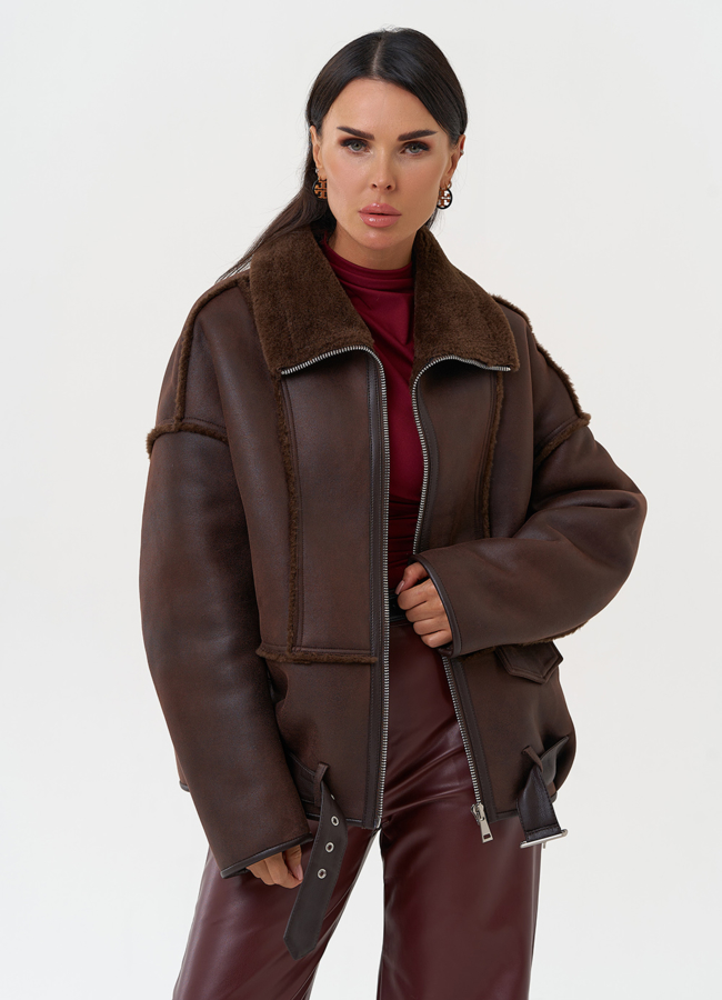 Женская дубленка коричневого цвета  модель № 31282 универмаг малина