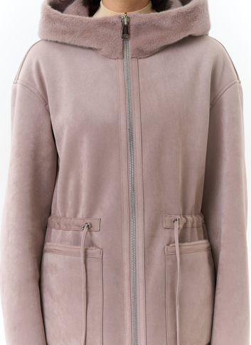 Двухсторонняя дубленка из эко замши с капюшоном