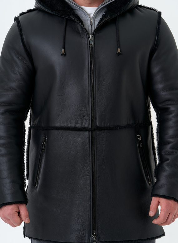 Мужская натуральная дубленка с капюшоном