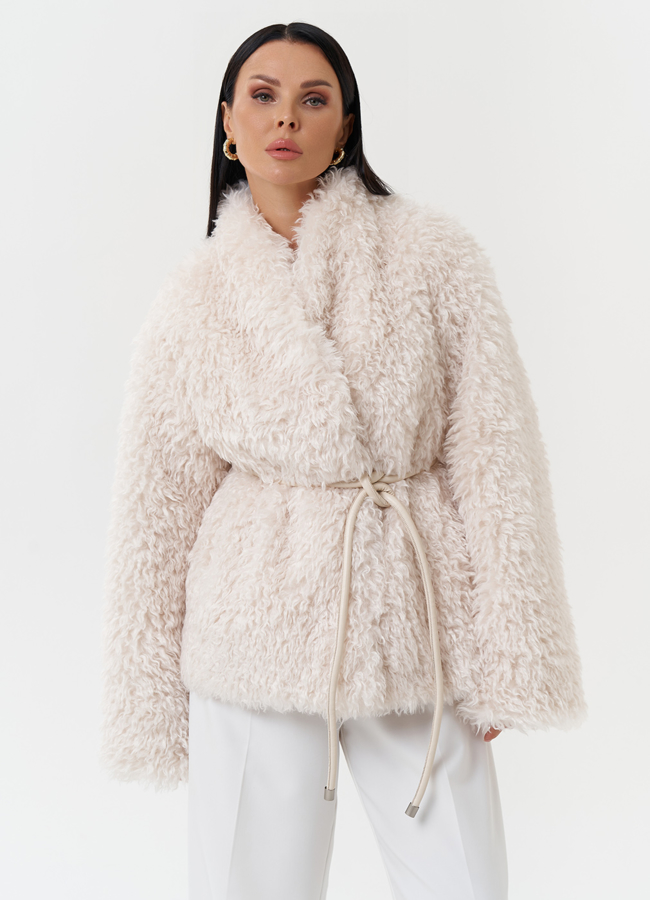 Шуба из эко меха под овчину модель № 31524 меха малина