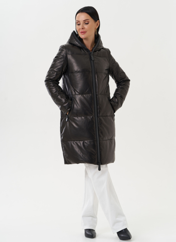 Кожаный пуховик с капюшоном