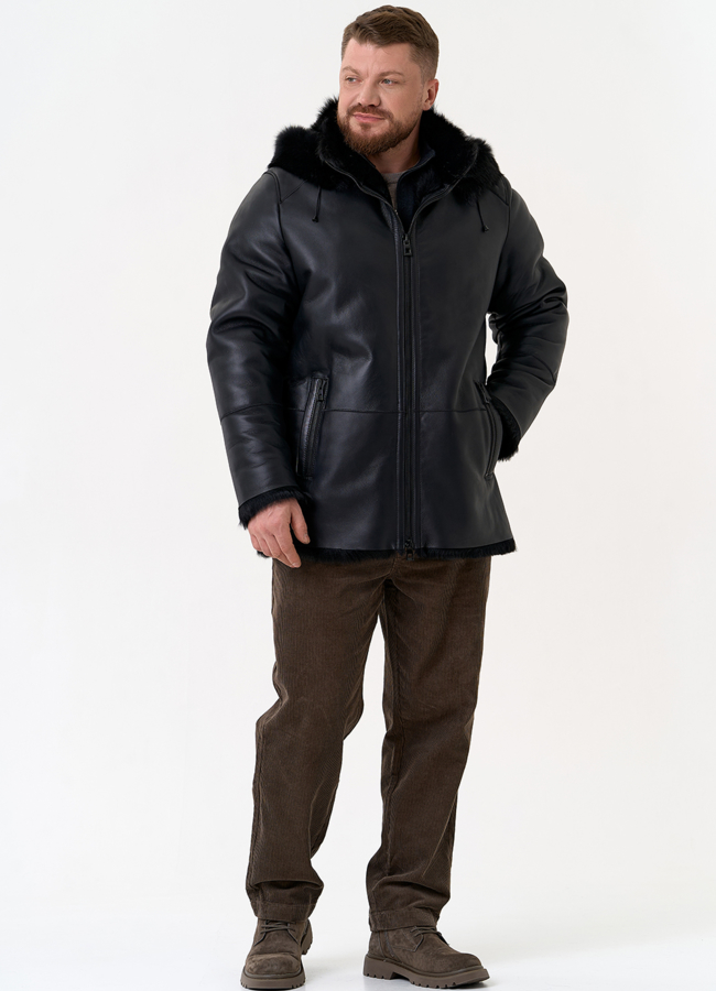Мужская дубленка черного цвета с капюшоном модель № 31792 универмаг малина