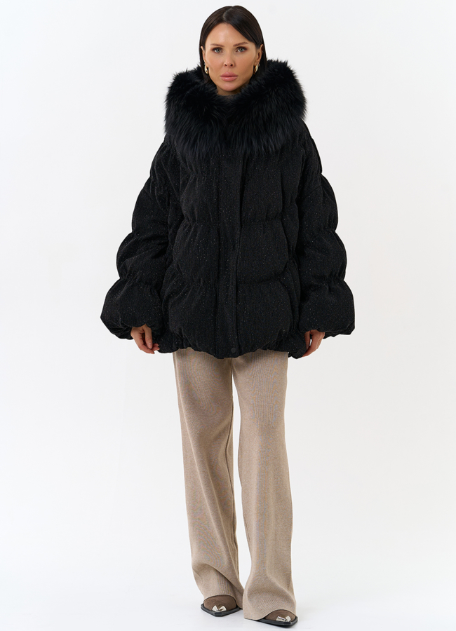 Женский блестящий пуховик с отделкой из меха чернобурки модель № 31816 в рассрочку